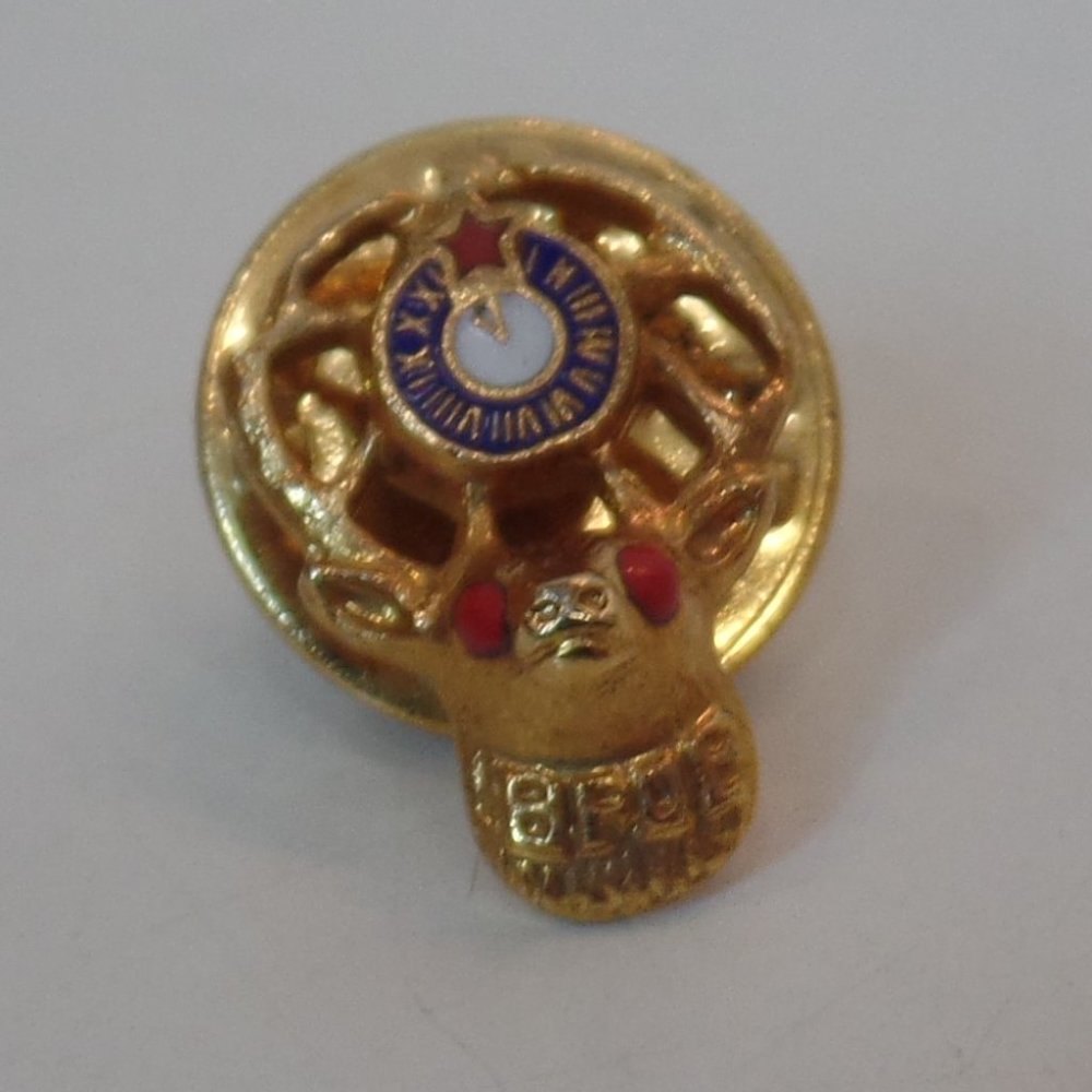 B.P.O.E. “Elks” Lapel Tack Pin Goldtone Features Clock Antlers Red Eyes Star XS